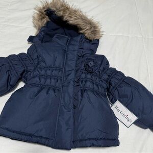 Hartstrings Dark Blue Coat with Faux Fur Trim